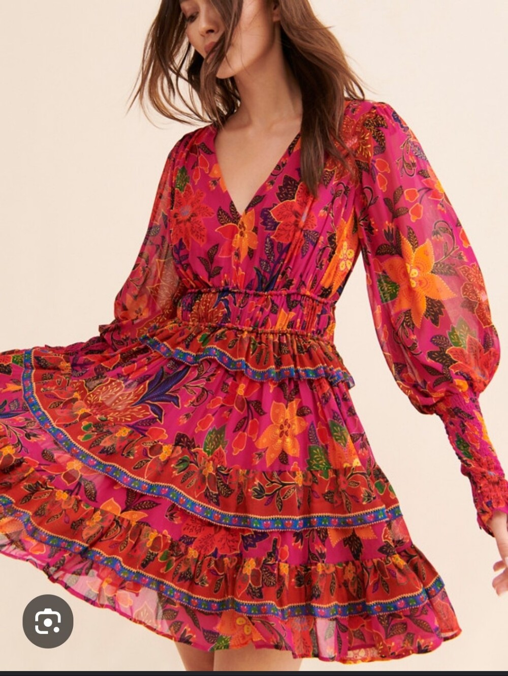Farm Rio Tropical Tapestry Tiered Puff-Sleeve Mini Dress Xlarge